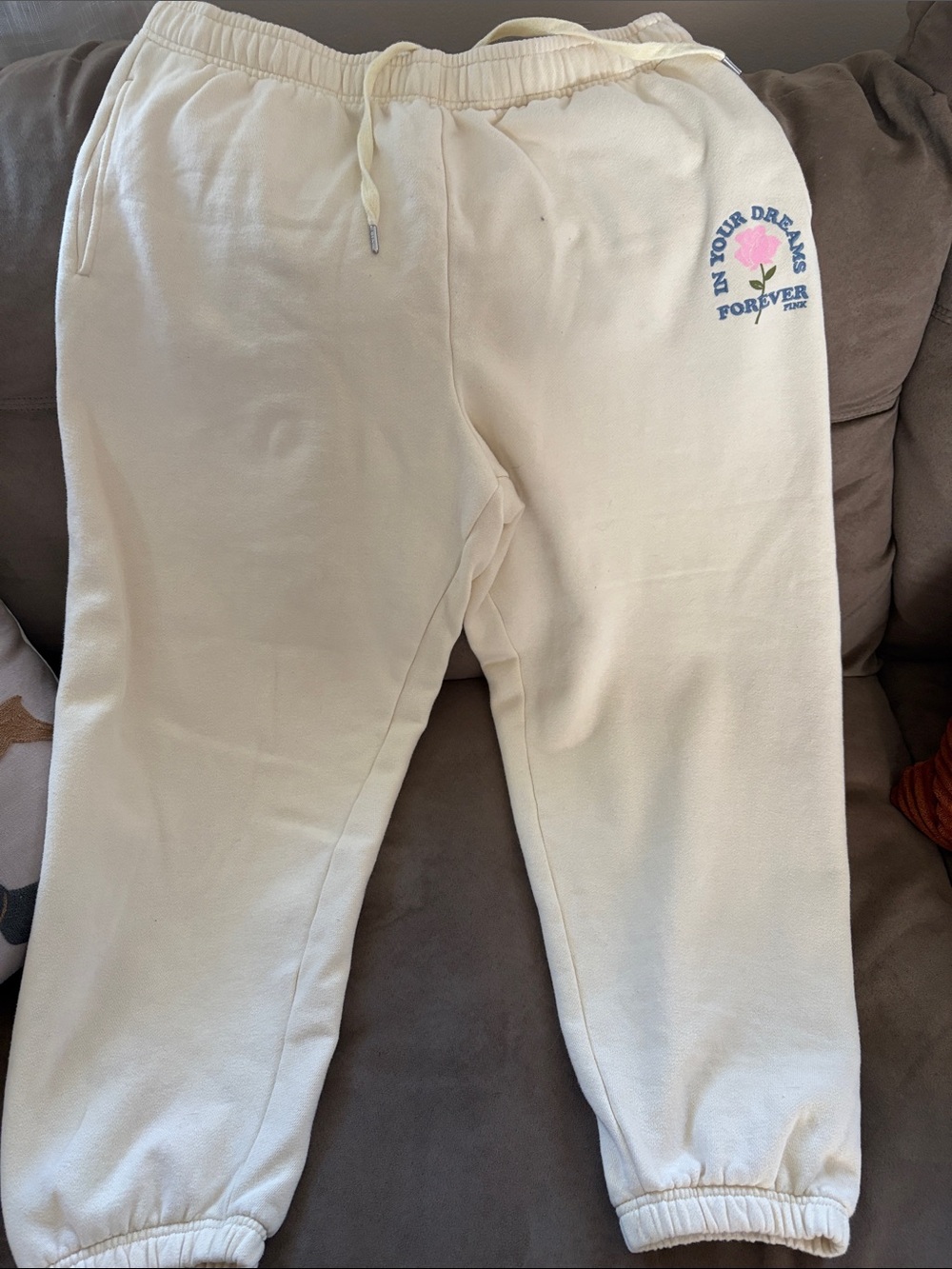 PINK Victoria's Secret Cream Joggers with Pink & Blue Logo